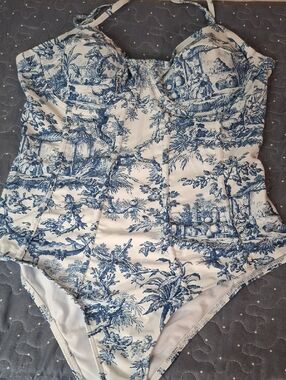 Blue and White Toile Bustier One-Piece Swimsuit size XL